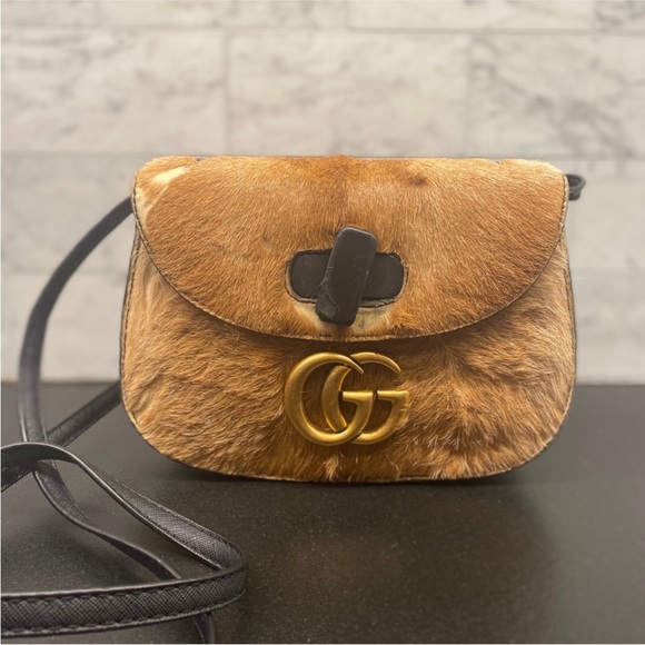 Gucci Handbags - Gucci Brown Fur Crossbody Bag with Gold Logo